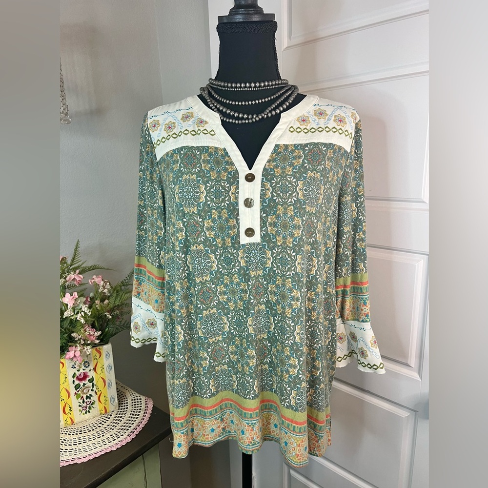 Multiples Green Orange Cream Boho Floral Embroidery V Neck Blouse‎ Sz Petite M